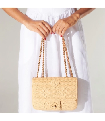 BOLSA MÉDIA BORDADO FLORAL LUIZA BARCELOS BEGE