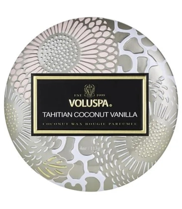 MINI VELA AROMÁTICA LATA RELEVO 25H TAHITIAN COCONUT VANILLA VOLUSPA