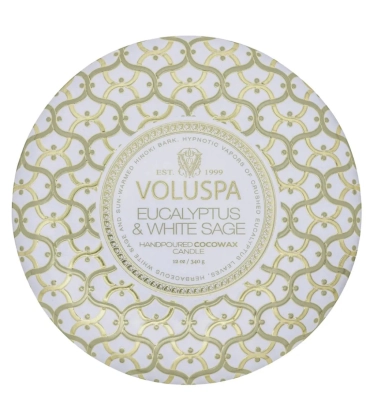VELA AROMÁTICA LATA 3 PAVIOS 60H EUCALYPTUS & WHITE SAGE VOLUSPA