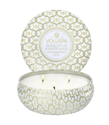 VELA AROMÁTICA LATA 3 PAVIOS 60H EUCALYPTUS & WHITE SAGE VOLUSPA