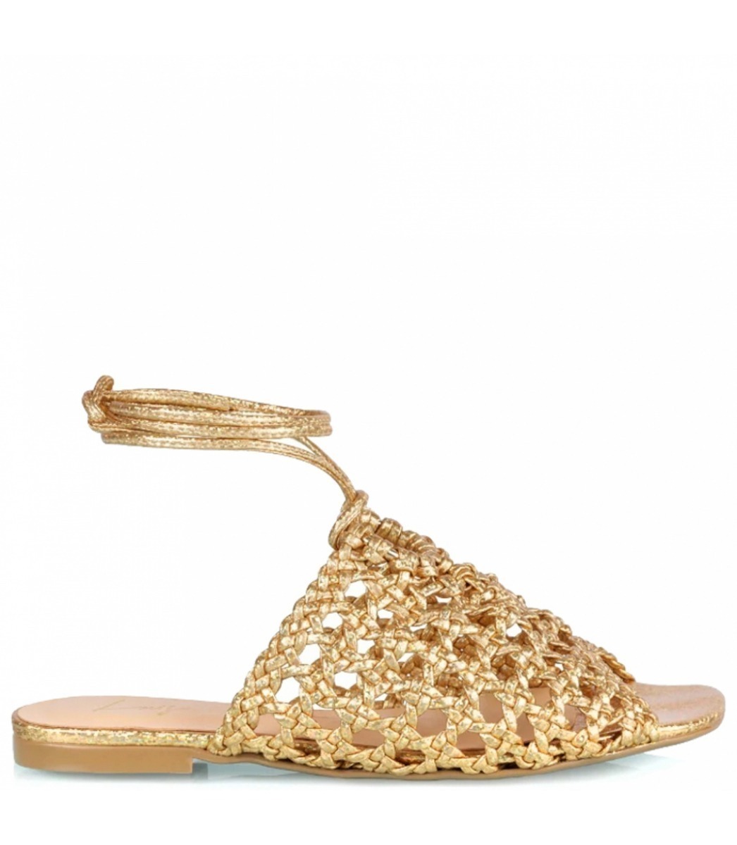 SANDÁLIA RASTEIRA TRESSÊ COM AMARRAÇÃO LUIZA BARCELOS DOURADO/OURO |  Acquarela Shop